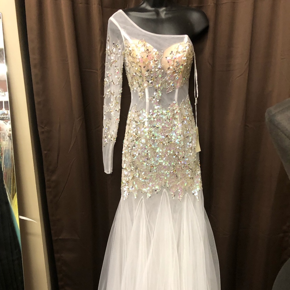 White one sleeve Formal Gown by Partytime size 0 lots sequins & Rhinestones